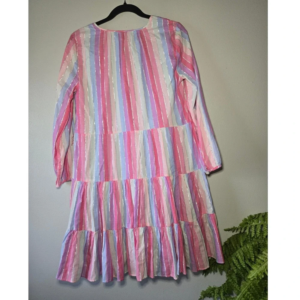 J Crew NWT Pink Striped Tiered Dress Metallic Detail Babydoll Cottagecore Medium